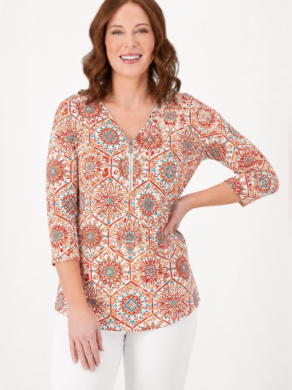Belle by Kim Gravel Triple Luxe Knit Signature Zip Top Large Boho Preppy Casual